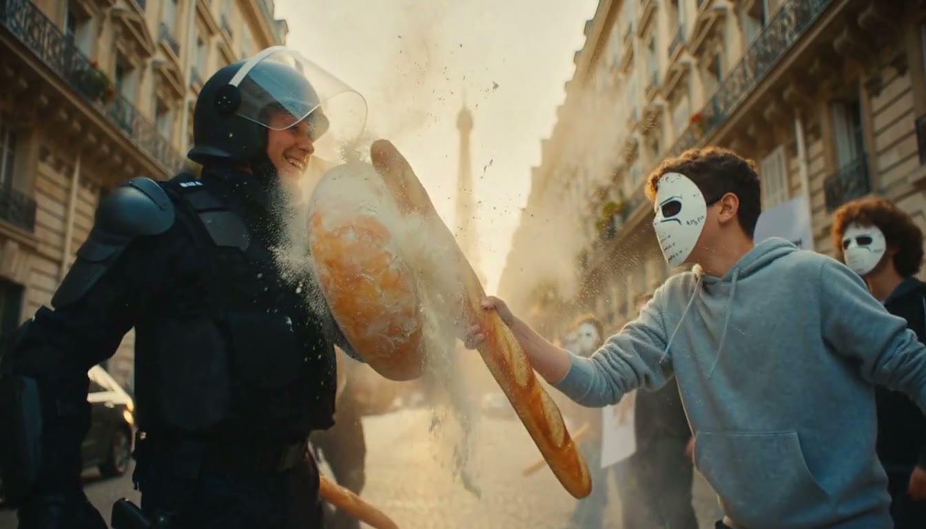 A masked protester swings a baguette at an officer's bread shield, flour flying